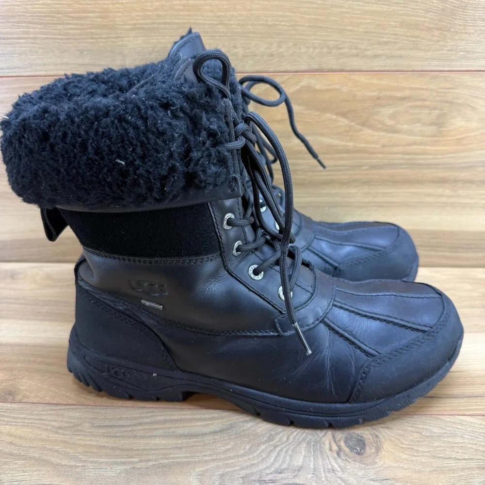UGG Butte Mens Duck Snow Boot 9 Black Leather Waterproof Sherpa Shearling Vibram